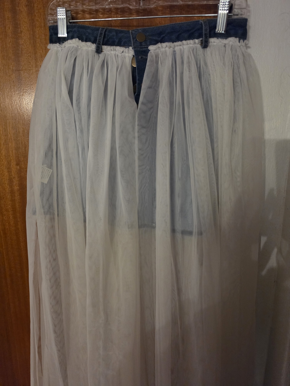 Sheer White Tulle Maxi with Denim Skirt